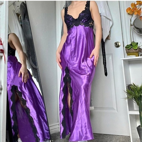 Victoria’s Secret Silky Satin Purple Black Lace Slip Dress Size Large - Picture 3 of 14